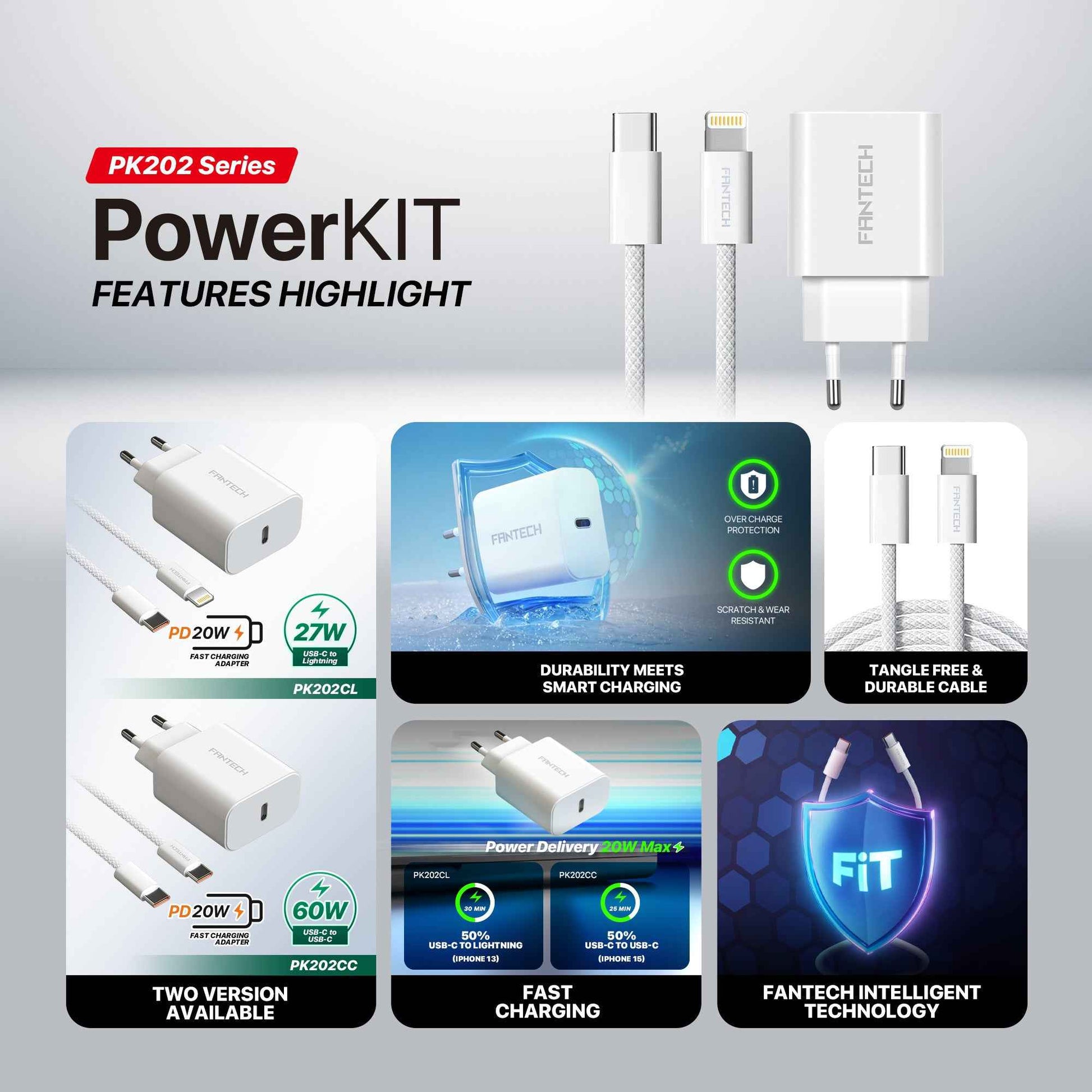 Charger Fantech PK202 Set Bundling Adaptor 20W Fast Charging Power Delivery With Braided Cable