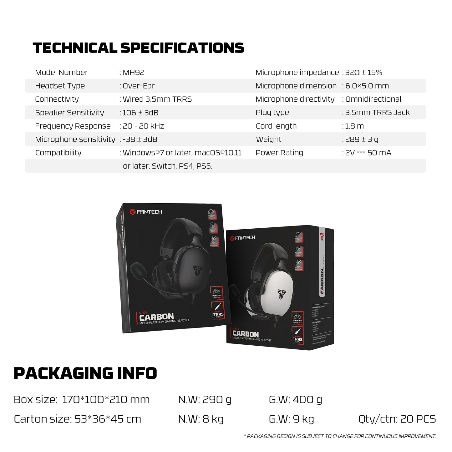 Fantech MH92 Carbon Headset Gaming Over-Ear Noise Cancelling - Multi-Platform PC PS4 PS5 Xbox