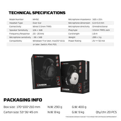 Fantech MH92 Carbon Headset Gaming Over-Ear Noise Cancelling - Multi-Platform PC PS4 PS5 Xbox