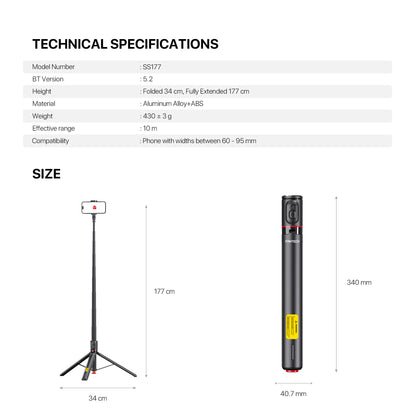 Fantech SS177 Selfie Stick Live Tripod Bluetooth Selfie 1.77m Aluminum Alloy Fill Light Rotatable 180° For Phones