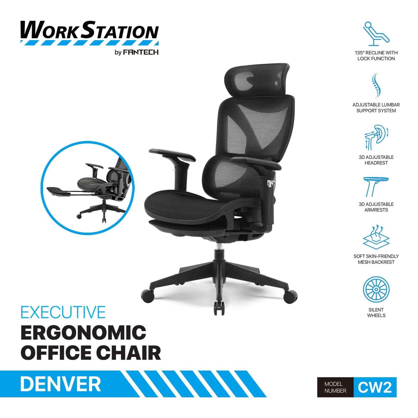 FANTECH OFFICE CHAIR CW2 KURSI KANTOR ERGONOMIS KURSI KERJA DENGAN LUMBAR SUPPORT