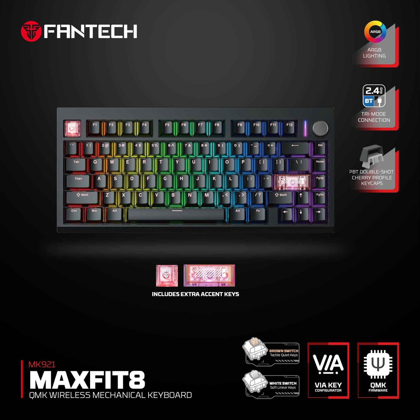 Fantech MK921 MAXFIT8 QMK VIA Compatibility Keyboard Wireless Gaming Mechanical 60%