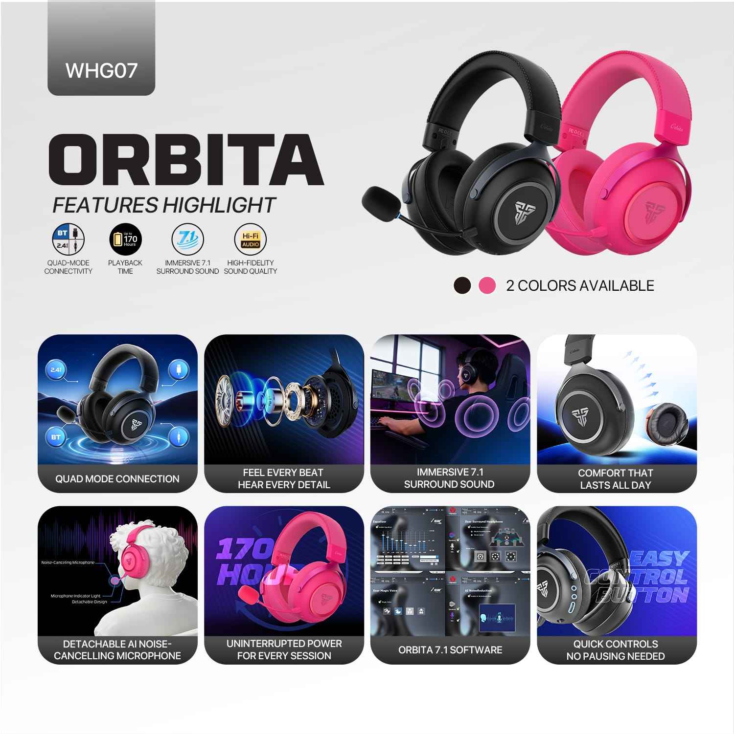 Fantech Orbita WHG07 Wireless Gaming Headset Quad Mode 7.1 Surround