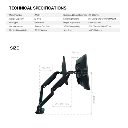 WORK STATION PRO MOUNT DUAL ARM MBD1 MONITOR BRACKET BLACK