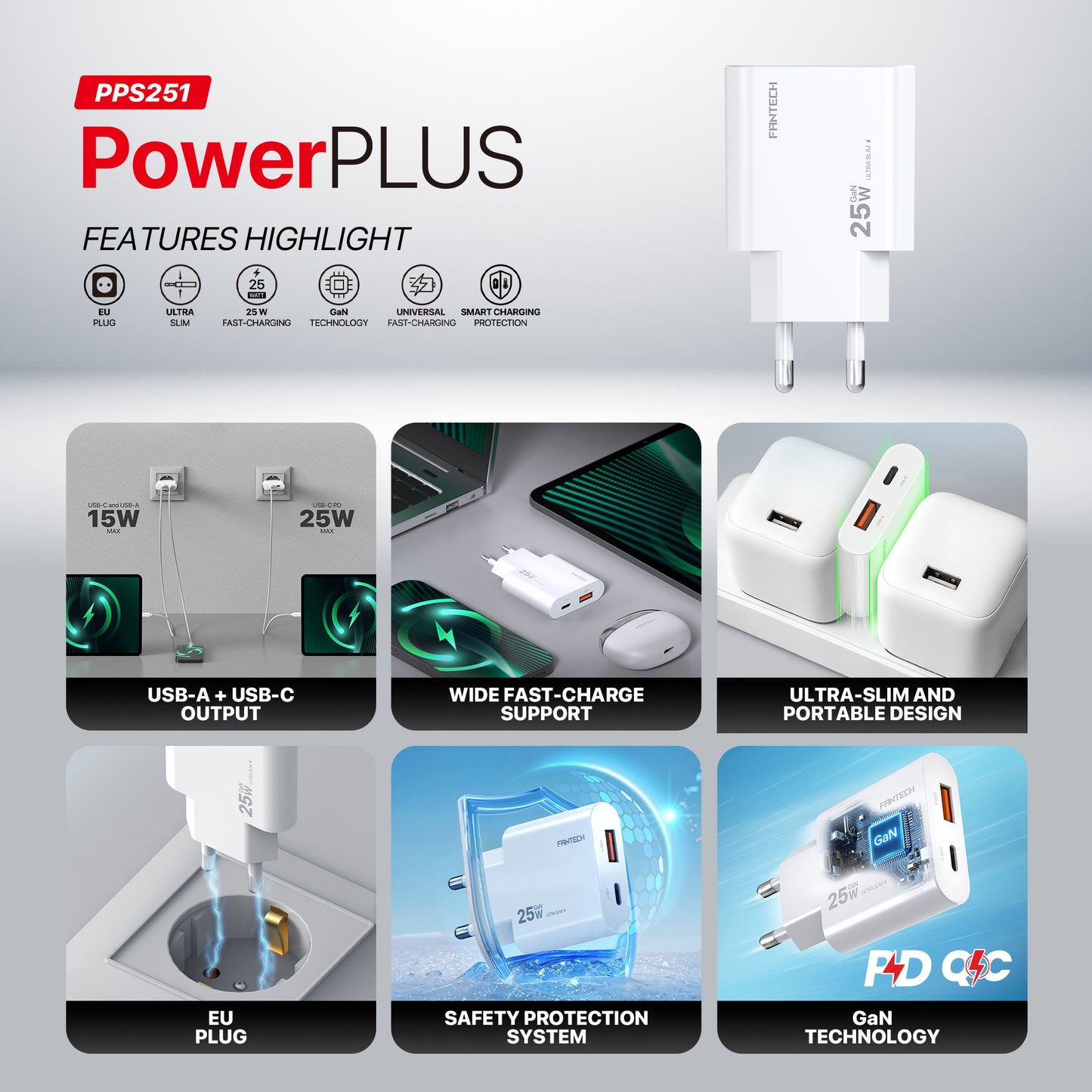 Fantech PowerPLUS PPS251 25W 2-Ports GaN Charger (PD+QC)