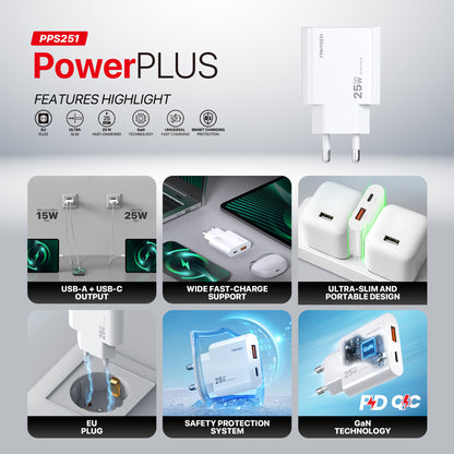Fantech PowerPLUS PPS251 25W 2-Ports GaN Charger (PD+QC)