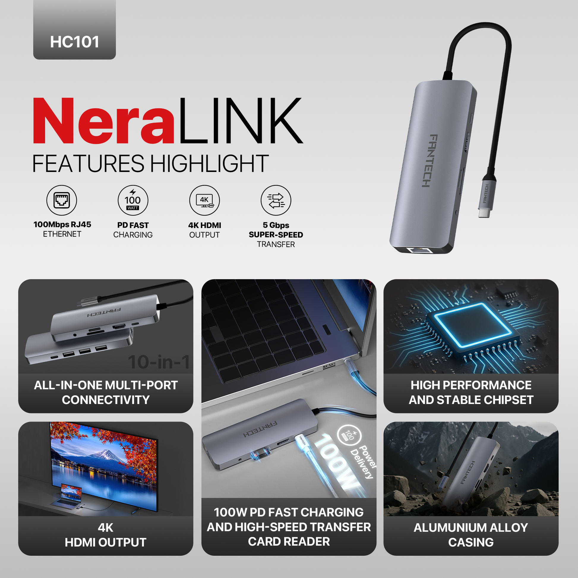 FANTECH HC101 Converter USB Hub Type C 10 in 1