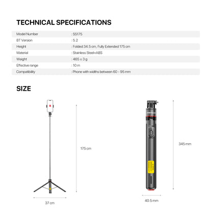 Fantech SS175 Selfie Stick Live Tripod Bluetooth Selfie 1.75m Stainless Steel Fill Light Rotatable 360° For Phones SS175