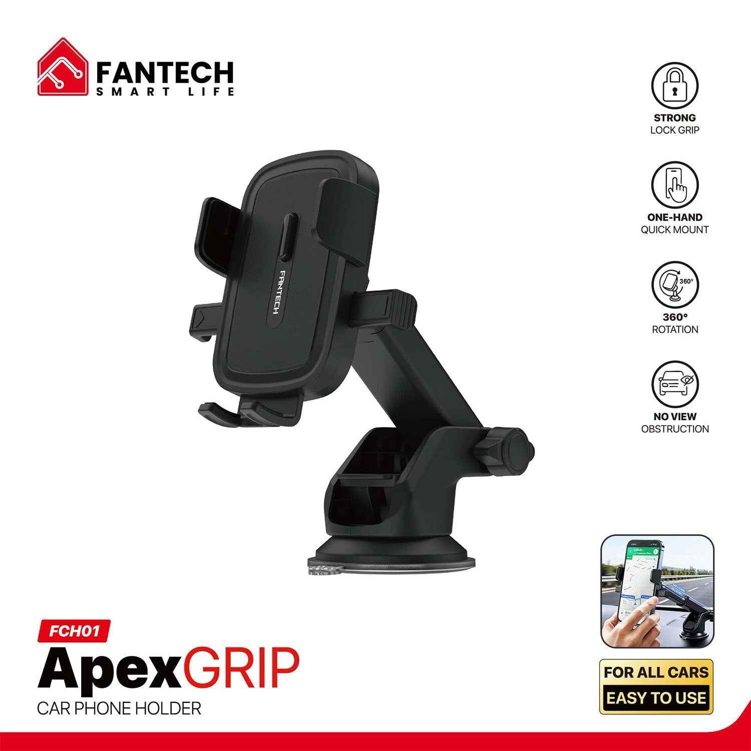 Fantech Car Phone Holder FCH01 Dudukan Hp Di Dashboard dan Kaca Mobil dengan Rotasi 360° Compatibility for All Smartphones Compatibility 60-88mm Smartphone
