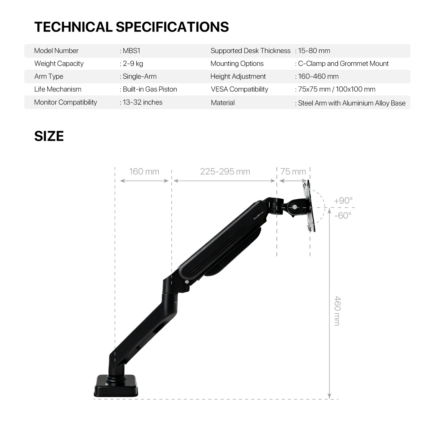 WORK STATION PRO MOUNT SINGLE ARM MBS1 MONITOR BRACKET BLACK