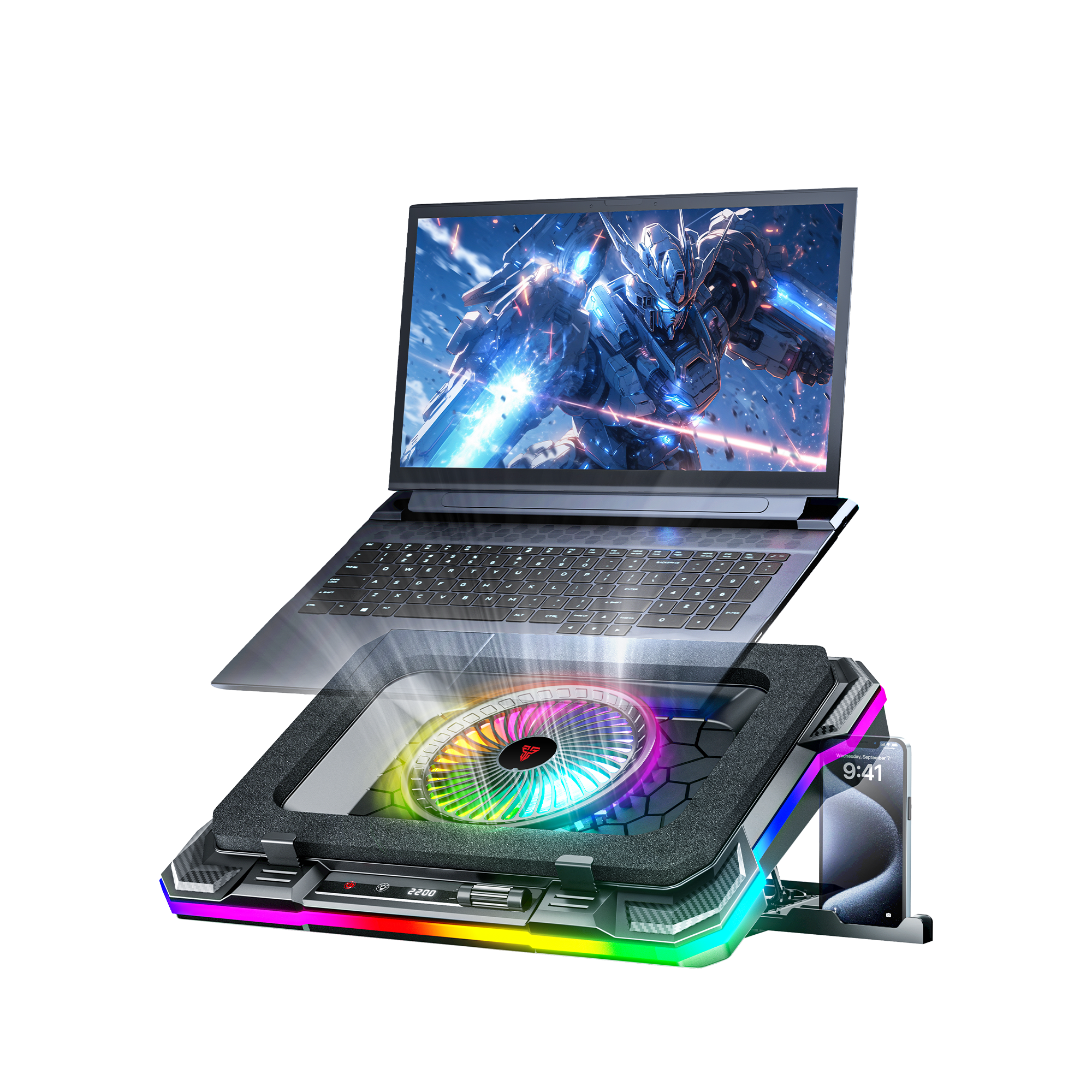 Fantech Cooling Pad RGB NC22 Notebook Cooler with Phone Holder Adjustable Fan Speed up to 14kg 19 inch laptop gaming