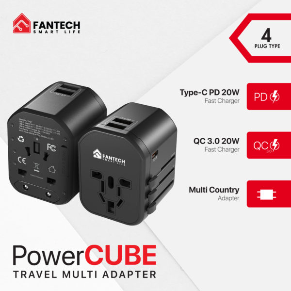 Fantech Universal Travel Adapter 3 Port (Pd+Qc) 20W - Tac1